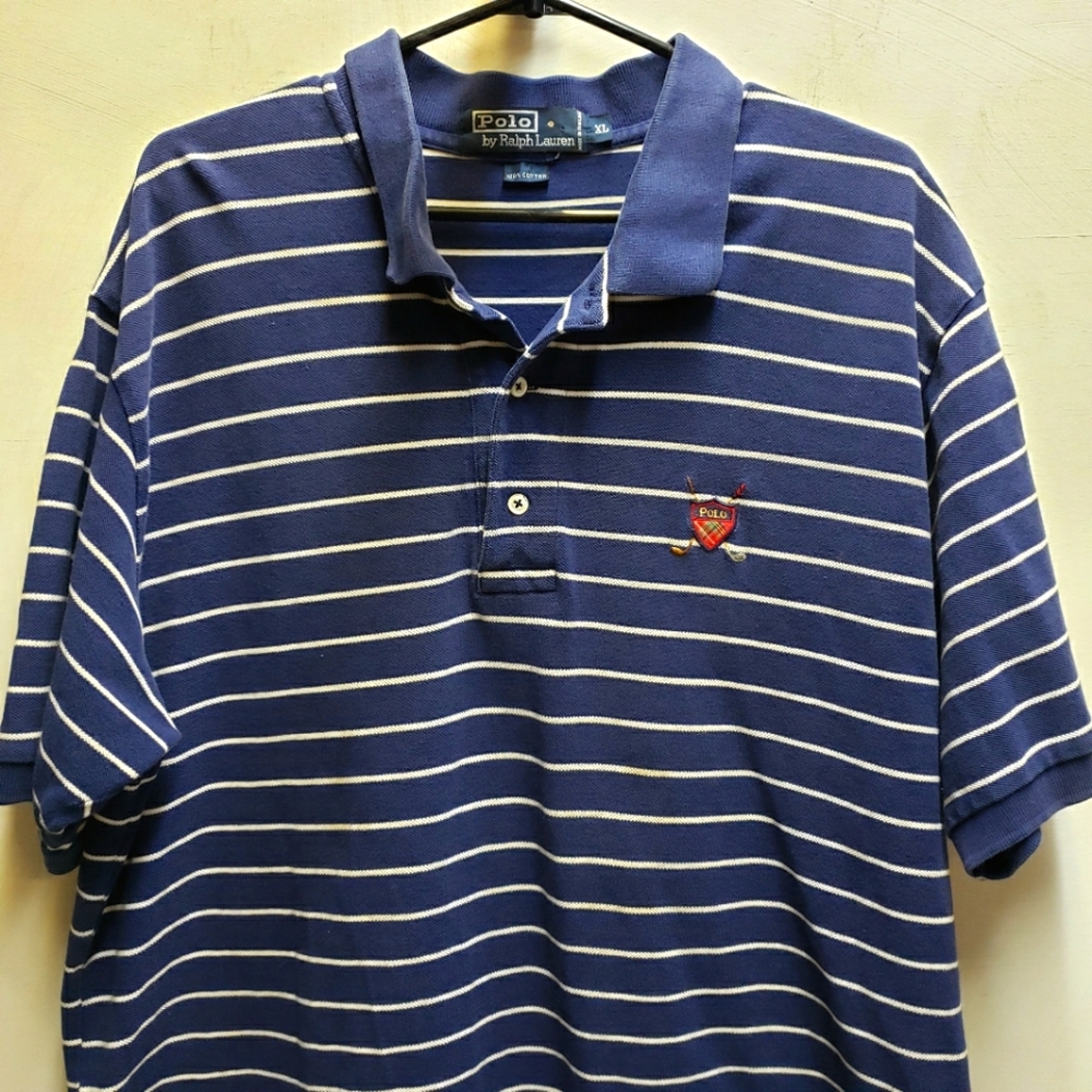 POLO Ralph Lauren XL blue/white striped embroidered golf polo shirt vintage men